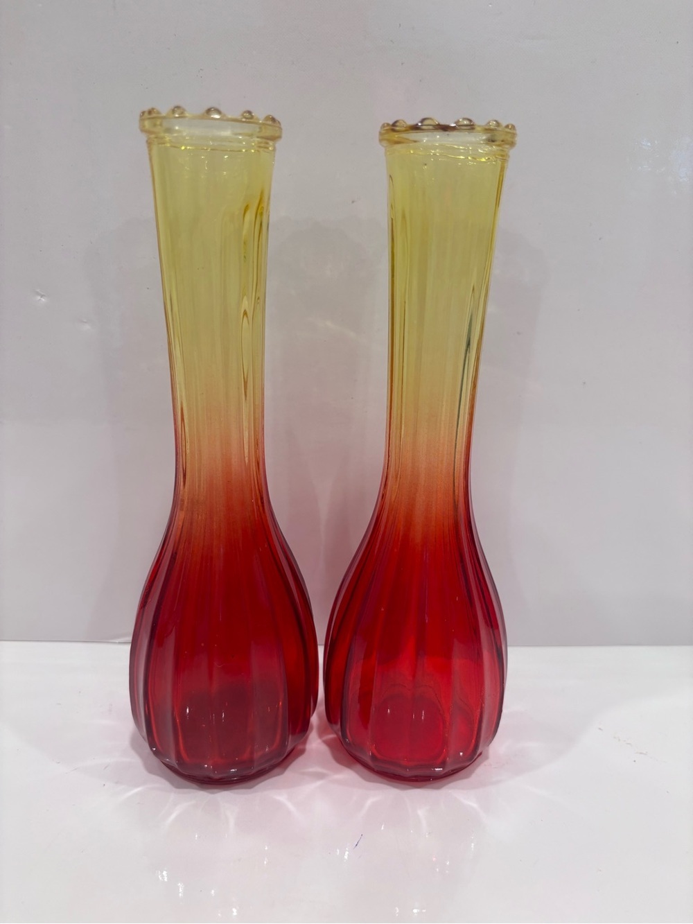 Vintage red and yellow art glass bud vases ribbed 8.5” mid century mcm pair (2)